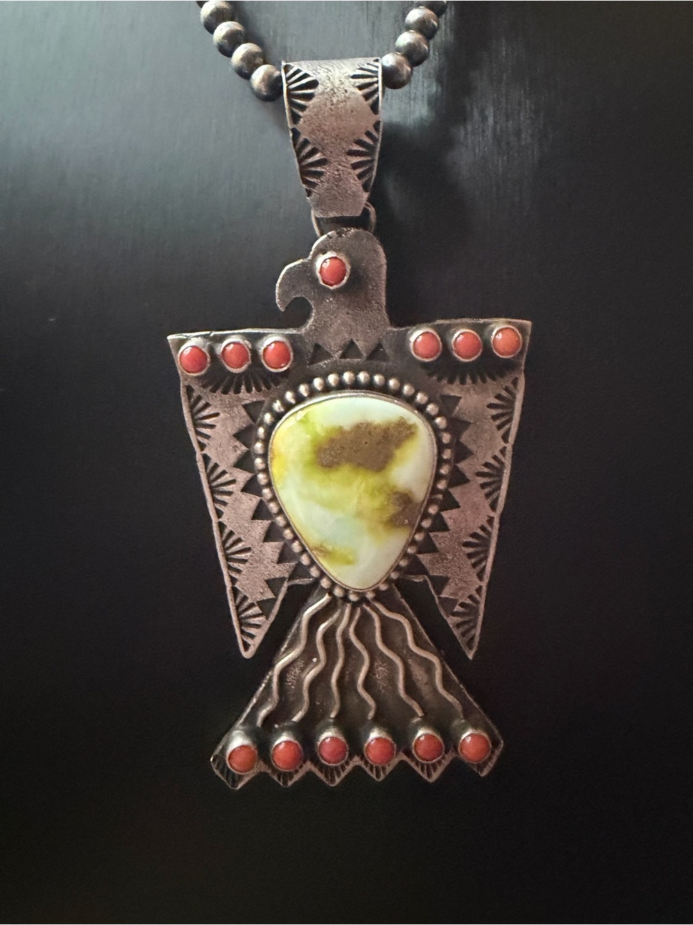 Shawn Cayatino Sterling Thunderbird Pendant with Palomino and Coral Stones